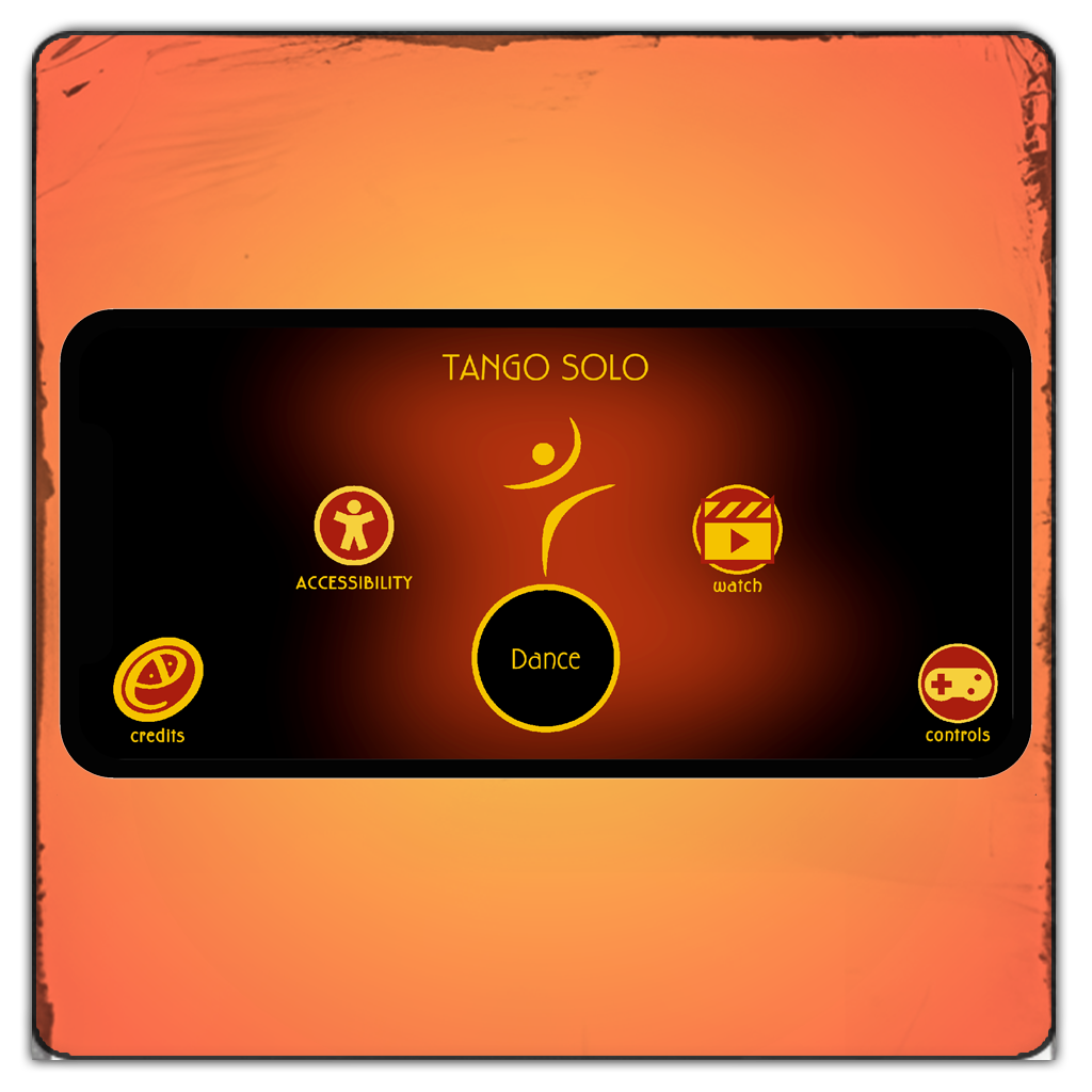 Tango Solo main menu with options for dancing, replay dance, accessibility oprtions, command scheme and credits