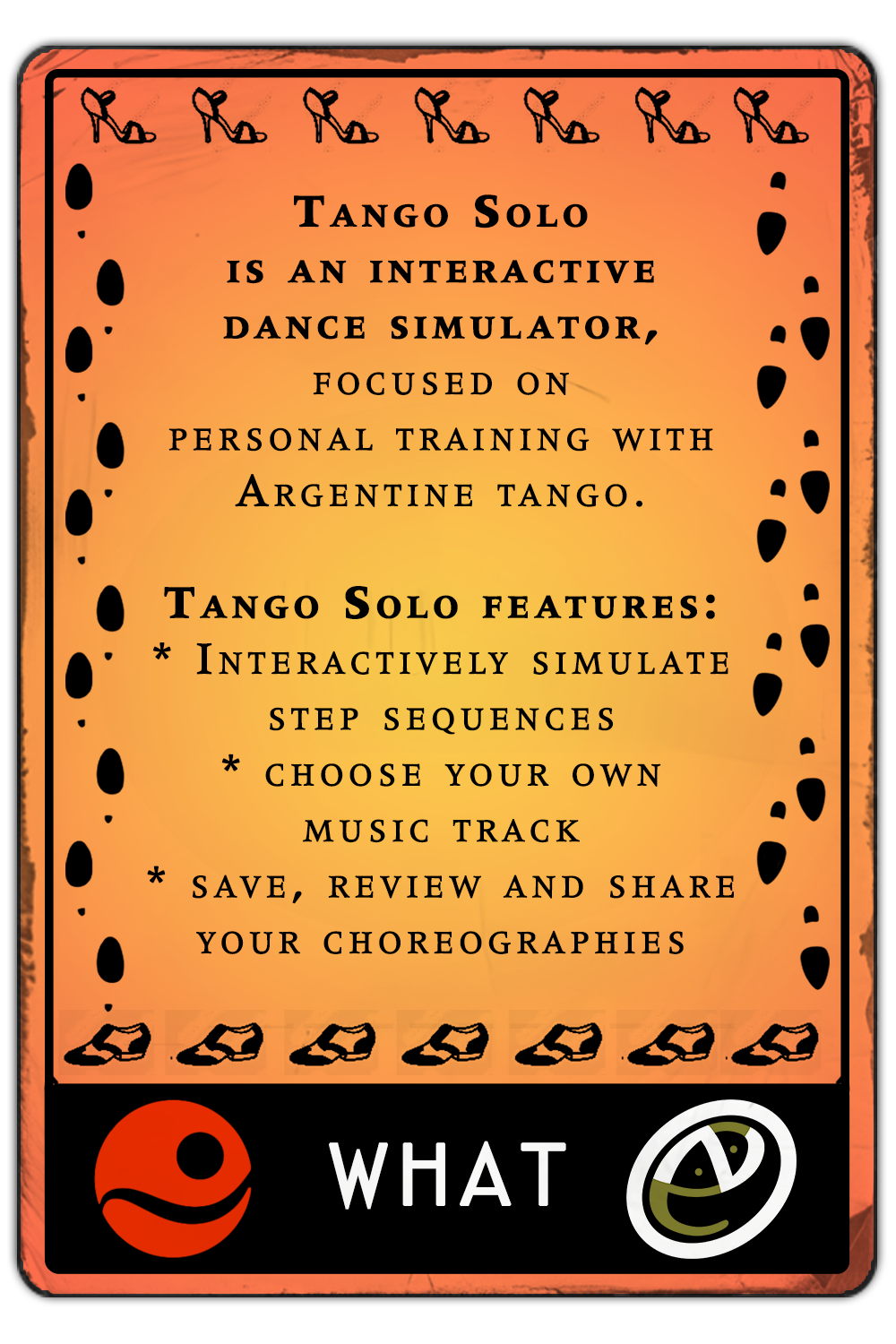 Tango Solo is an interactive dance simulator, focused on personal training with Argentine tango. With Tango Solo you can: Interactively simulate step sequences, choose your own music track, save, review and share your choreographies